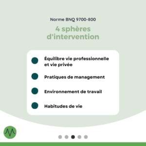 La norme offre un cadre de travail et de collecte des données sur 4 sujets : équilibre vie privée/vie professionnelle, pratiques de management, environnement de travail et habitudes de vie.