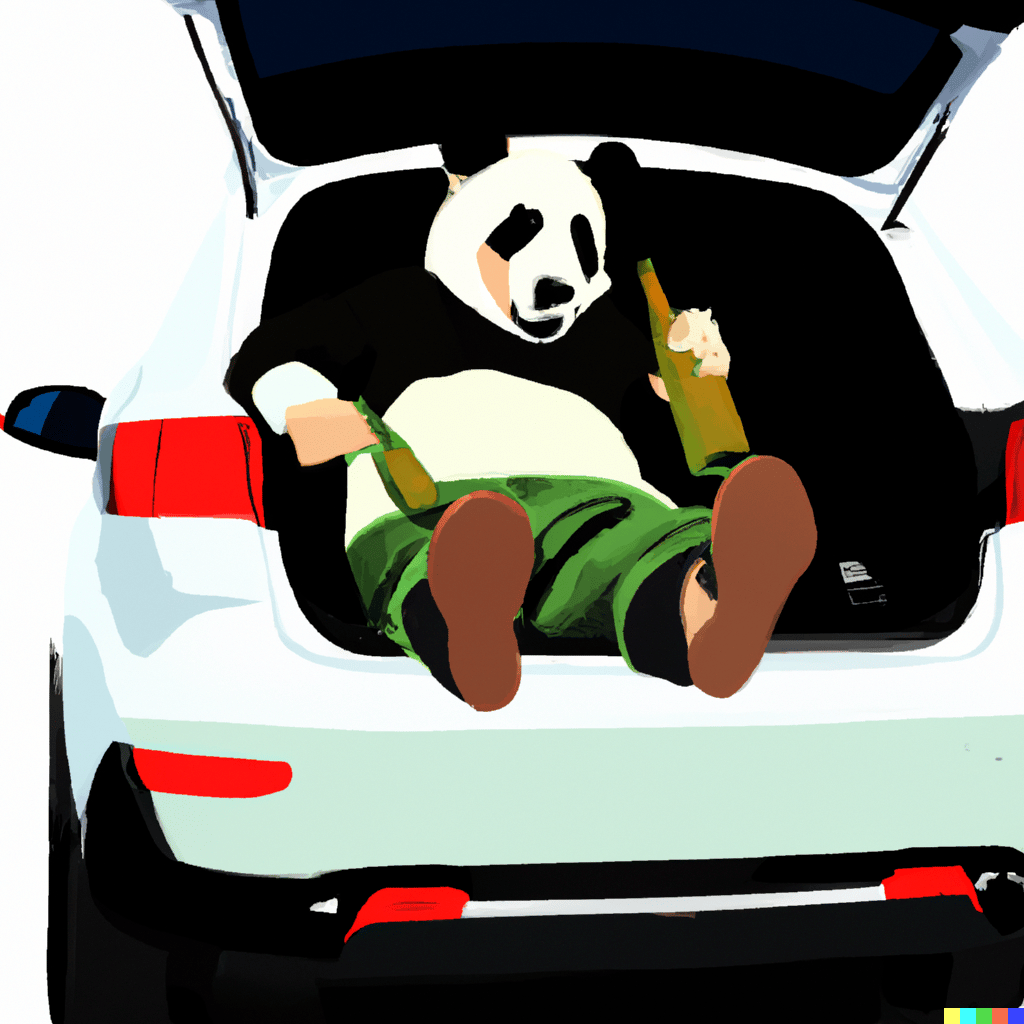 Illustration d'un gros panda en train de boire dans le coffre d'un SUV.