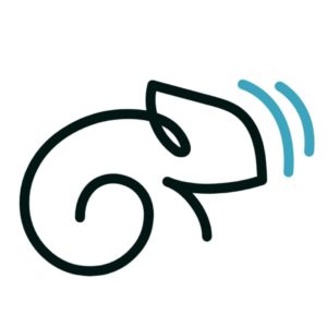 Logo de l'outil de score environnemental des objets connectés développé par Mavana. Cela représente un petit caméléon avec des ondes wifi.
