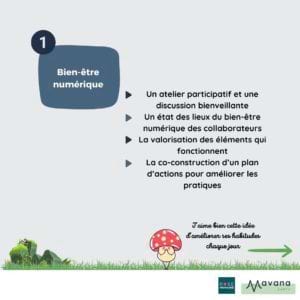 Un atelier participatif et une discussion bienveillante Un état des lieux du bien-être numérique des collaborateurs La valorisation des éléments qui fonctionnent La co-construction d’un plan d’actions pour améliorer les pratiques