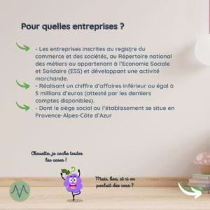Pour quelles entreprises ? Ce programme est à destination des entreprises : Réalisant un chiffre d’affaires inférieur ou égal à 5 millions d’euros (attesté par les derniers comptes disponibles). Dont le siège social ou l’établissement se situe en Provence-Alpes-Côte d’Azur