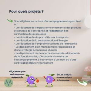 Pour quel projets ? Sont éligibles les actions d’accompagnement ayant trait à : La réduction de l’impact environnemental des produits et services de l’entreprise et l’adaptation à la raréfaction des ressources La réduction des impacts liés aux transports La réduction de la consommation d’énergie La réduction de l’empreinte carbone de l’entreprise Le déploiement d’un management responsable et d’une stratégie économique durable Le déploiement de démarches innovantes d’économie de la fonctionnalité, d’économie circulaire ou l’accompagnement à l’obtention d’un label ou d’une certification RSE/environnement