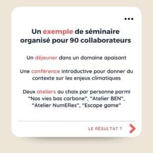 Un exemple de séminaire organisé pour 90 collaborateurs Un déjeuner dans un domaine apaisant Une conférence introductive pour donner du contexte sur les enjeux climatiques Deux ateliers au choix par personne parmi “Nos vies bas carbone”, “Atelier BEN”, “Atelier NumERes”, “Escape game”