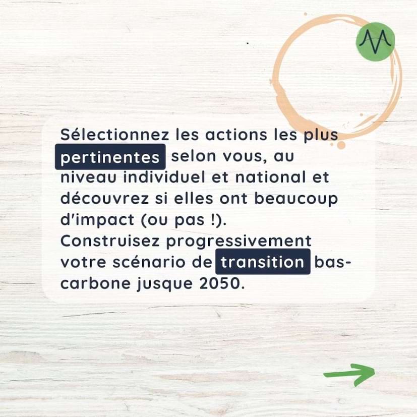 Sélectionnez les actions les plus pertinentes selon vous, au niveau individuel et national et découvrez si elles ont beaucoup d'impact (ou pas !).
Construisez progressivement votre scénario de transition bas-carbone jusque 2050.