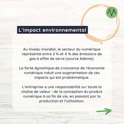 L'impact environnemental 
Au niveau mondial, le secteur du numérique représente entre 2 % et 4 % des émissions de gaz à effet de serre (source Ademe).

La forte dynamique de croissance de l'économie numérique induit une augmentation de ces impacts qui est problématique.

L’entreprise a une responsabilité sur toute la chaîne de valeur : de la conception du produit numérique à sa fin de vie, en passant par la production et l’utilisation.