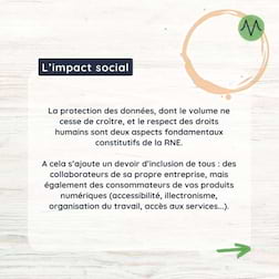 L'impact social
La protection des données, dont le volume ne cesse de croître, et le respect des droits humains sont deux aspects fondamentaux constitutifs de la RNE.

A cela s’ajoute un devoir d’inclusion de tous : des collaborateurs de sa propre entreprise, mais également des consommateurs de vos produits numériques (accessibilité, illectronisme, organisation du travail, accès aux services...).