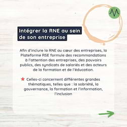 Intégrer la RNE au sein de son entreprise
Afin d’inclure la RNE au cœur des entreprises, la Plateforme RSE formule des recommandations à l’attention des entreprises, des pouvoirs publics, des syndicats de salariés et des acteurs de la formation et de l’éducation.

Celles-ci concernent différentes grandes thématiques, telles que : la sobriété, la gouvernance, la formation et l’information, l’inclusion