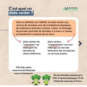 C’est quoi un data center ? Selon la définition de l’ADEME, les data centers (ou centres de données) sont des installations physiques, des bâtiments destinés à stocker, traiter, et échanger de grandes quantités de données, à travers un réseau principalement composé de serveurs. Data centers de “colocation” qui hébergent les données de clients différents. Data centers “d’exploitation” qui sont hébergés au sein des bâtiments des entreprises ou services publics.