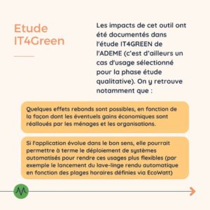 Etude IT4Green Les impacts de cet outil ont été documentés dans l'étude IT4GREEN de l'ADEME (c’est d’ailleurs un cas d'usage sélectionné pour la phase étude qualitative). On y retrouve notamment que : Quelques effets rebonds sont possibles, en fonction de la façon dont les éventuels gains économiques sont réalloués par les ménages et les organisations. Si l'application évolue dans le bon sens, elle pourrait permettre à terme le déploiement de systèmes automatisés pour rendre ces usages plus flexibles (par exemple le lancement du lave-linge rendu automatique en fonction des plages horaires définies via EcoWatt)
