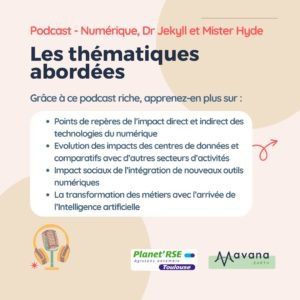 Podcast - Numérique, Dr Jekyll et Mister Hyde Grâce à ce podcast riche, apprenez-en plus sur : Points de repères de l’impact direct et indirect des technologies du numérique Evolution des impacts des centres de données et comparatifs avec d’autres secteurs d’activités Impact sociaux de l’intégration de nouveaux outils numériques La transformation des métiers avec l’arrivée de l’Intelligence artificielle