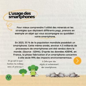 L'usage des smartphones Pour mieux comprendre l’utilité des minerais et les stratégies que déploient différents pays, prenons en exemple un objet qui vous accompagne au quotidien : votre smartphone. En 2023, 55 % de la population mondiale possédait un smartphone. Cette même année, environ 4.3 milliards de processeurs de smartphones ont été vendus dans le monde. (Source : GSMA). D'après les données ADEME, en France, la phase fabrication d’un smartphone concentre à elle seule 99% des impacts environnementaux.