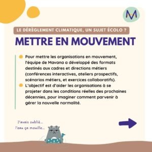 Pour mettre les organisations en mouvement, l'équipe de Mavana a développé des formats destinés aux cadres et directions métiers (conférences interactives, ateliers prospectifs, scénarios métiers, et exercices collaboratifs). L’objectif est d’aider les organisations à se projeter dans les conditions réelles des prochaines décennies, pour imaginer comment parvenir à gérer la nouvelle normalité.